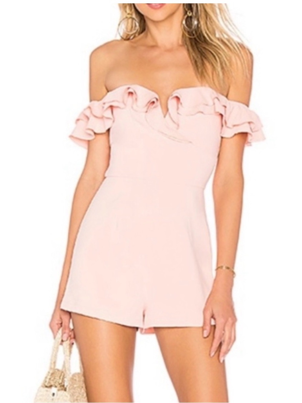 by the way. Jada Off The Shoulder Ruffle Romper in Blush Pink
